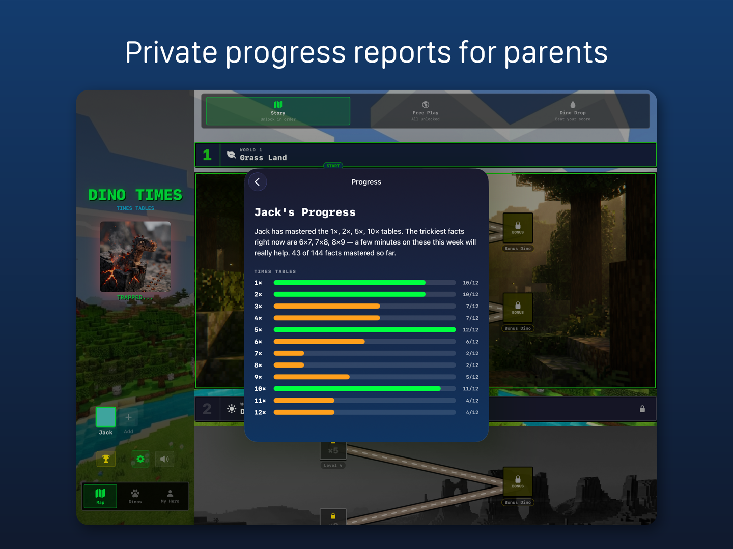 The parent progress report screen listing individual number facts and confidence levels.